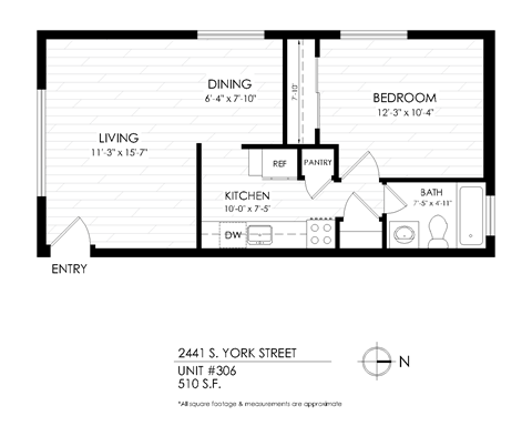 Floor plan for 1 bed, 1 bath, 435 sqft